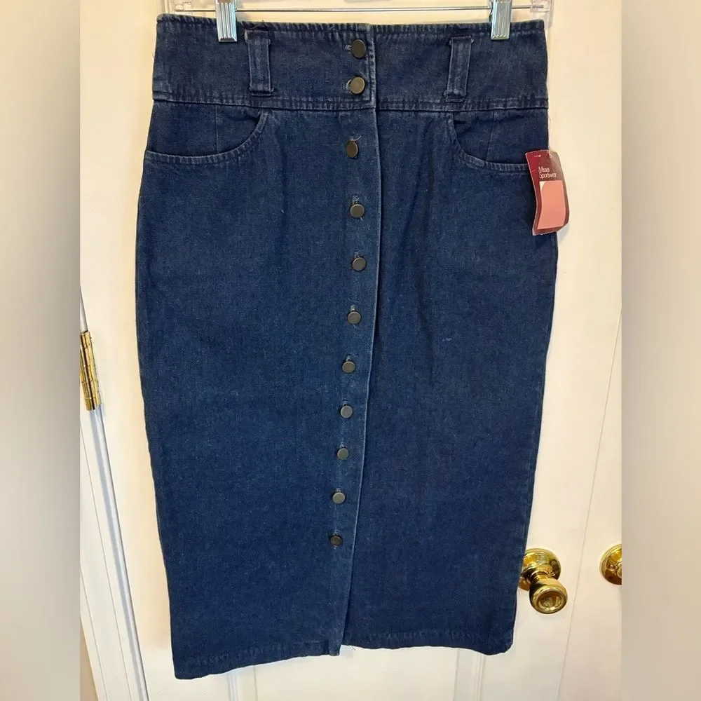 Vintage 70s Denim Button Front Skirt | High Waisted Midi Jean Skirt | Misses Spo